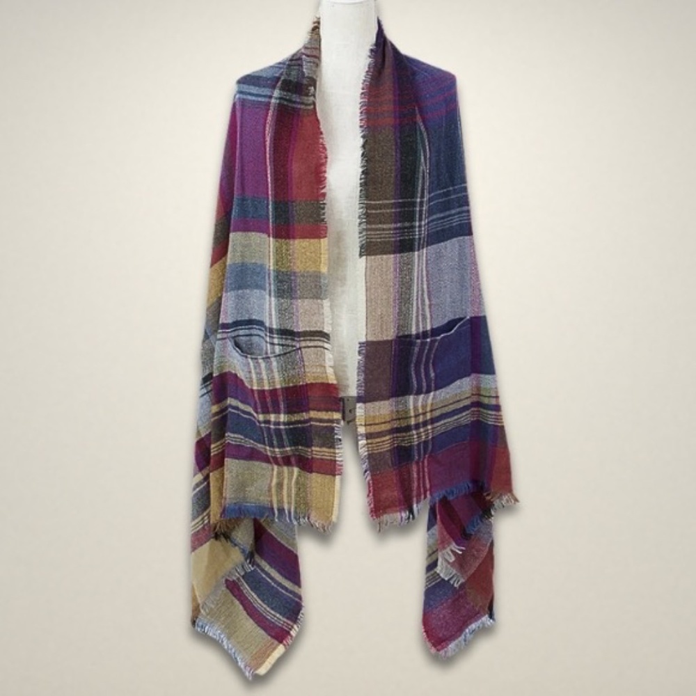 Grace & Lace Poncho Wrap Fringe Hem Cozy Lightweight Plaid Pattern Multicolor OS